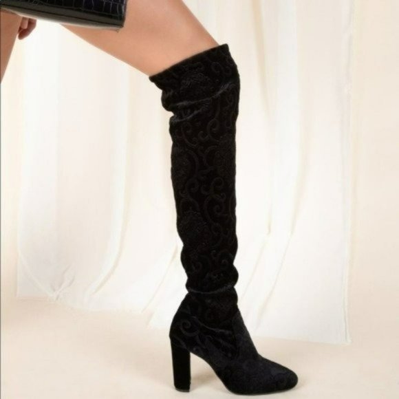 Shoes - Black embroidered over the knee boots chunky block heel velvet